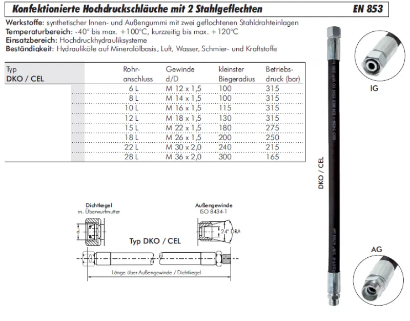 Datenblatt Konfektionierter Hochdruckschlauch mit 2 Stahlgeflechten beidseitig Innengewinde